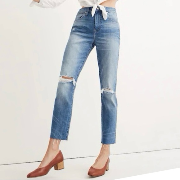 Madewell Denim - Madewell The High Rise Slim Crop Boyjean Medium Wash Raw Hem Ripped Knee Size 25